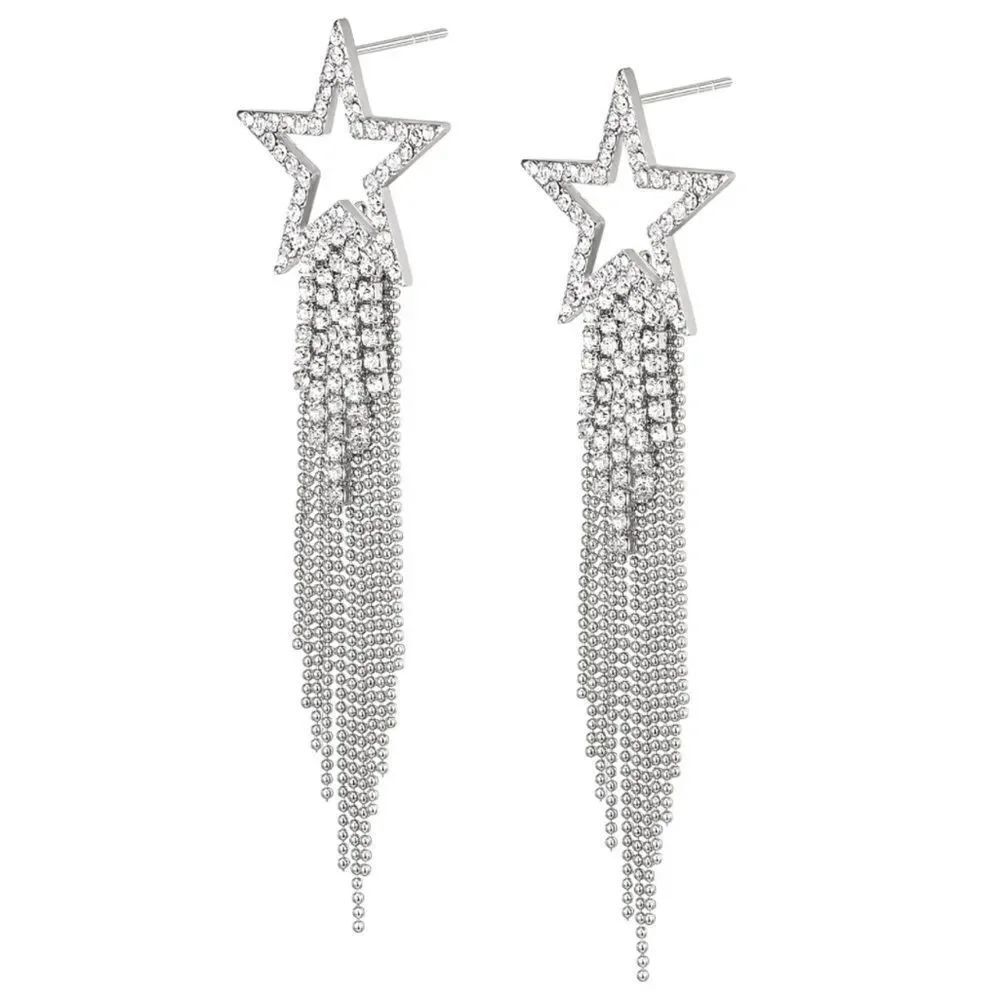 Silver with White Diamond Crystal Star Beaded Tassel Post Back Dangling Earrings